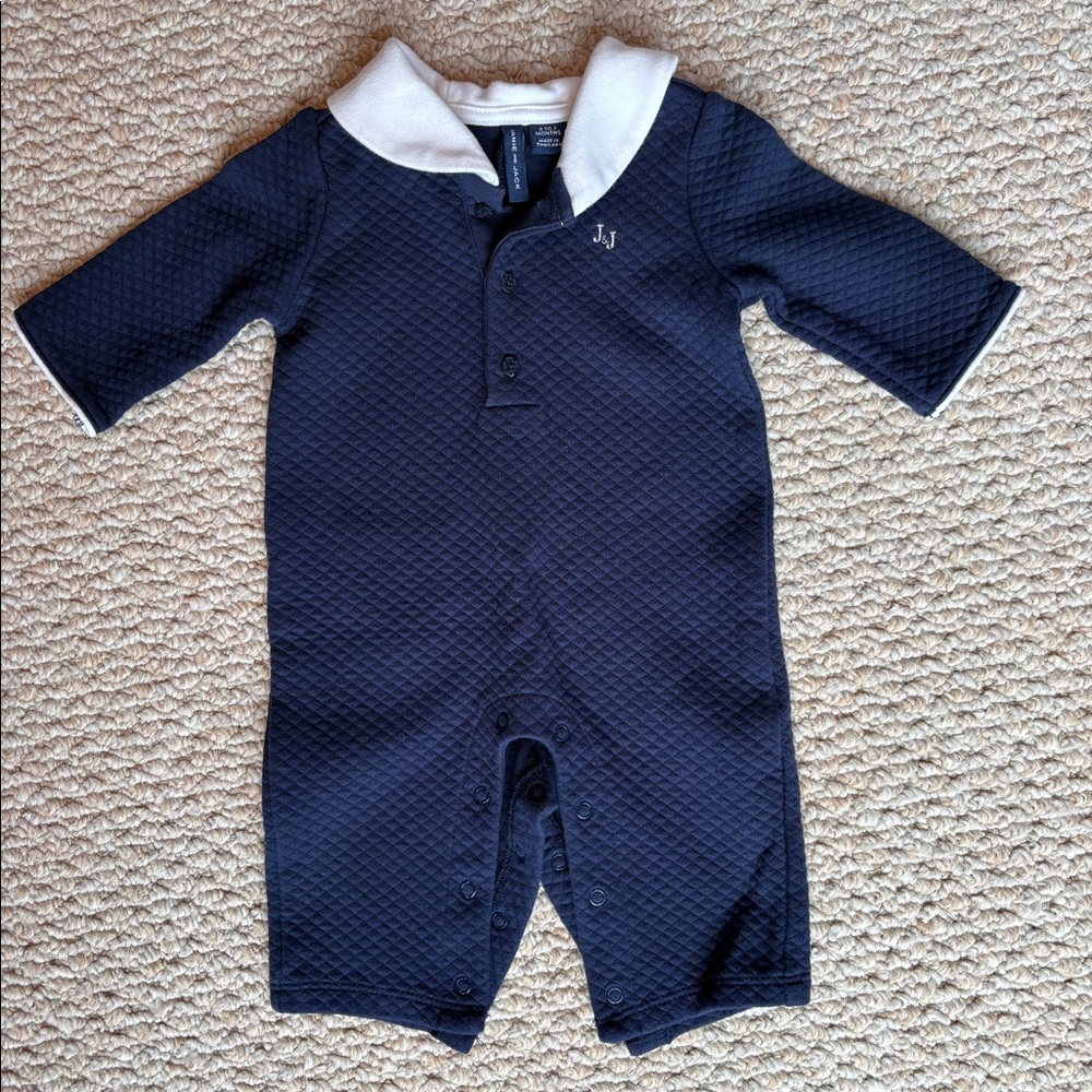 Janie And Jack, Navy Blue Baby Boy Pajama Play And Sleep Outfit Collar 0-3 Mos